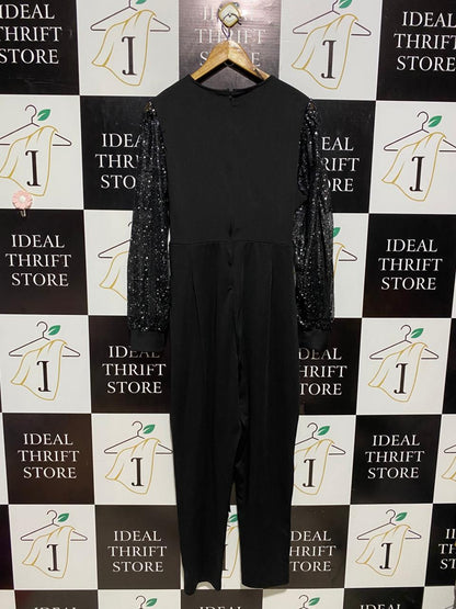 GLAMOROUS BLACK SEQUIN LONG SLEEVE JUMPSUIT WITH WAIST TIE |L| BUST 18| B3|