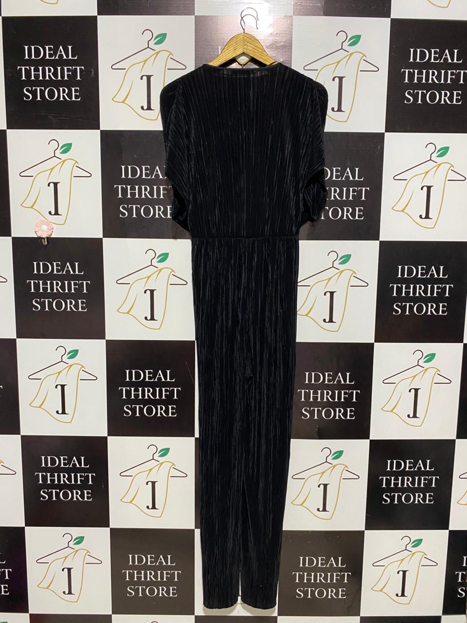 ZARA |M| BUST FREE| B3| ELEGANT BLACK PLEATED MAXI DRESS JUMP SUIT - V-NECK WITH TIE WAIST