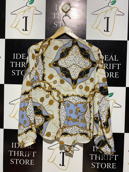 PRIMARK |L| BUST 21| B3| VINTAGE-INSPIRED CHAIN PRINT TIE-FRONT BLOUSE - LONG SLEEVE