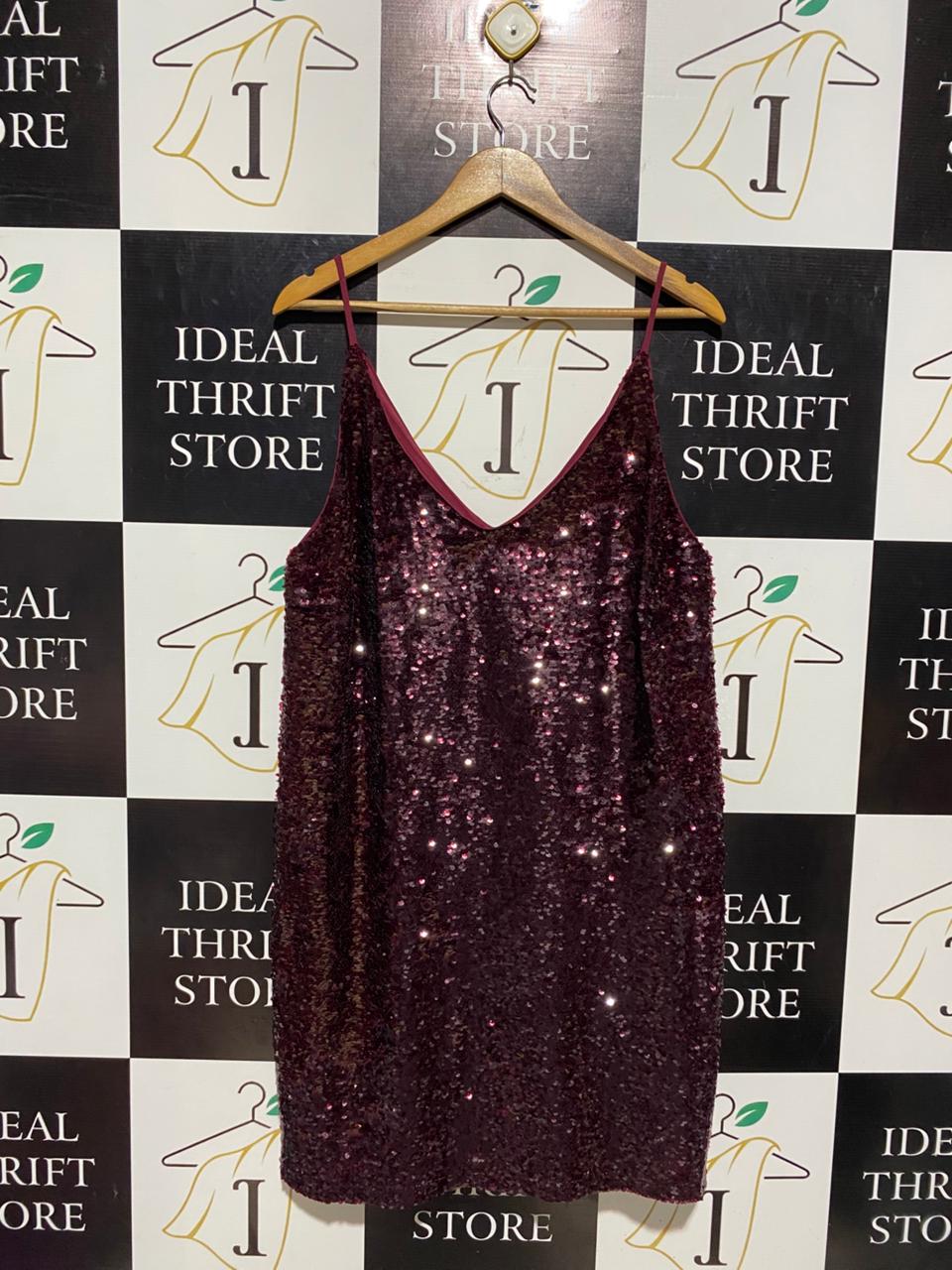 GLAMOROUS BURGUNDY SEQUIN MINI DRESS SPAGHETTI STRAP PARTY WEAR |L| BUST 20| B3|
