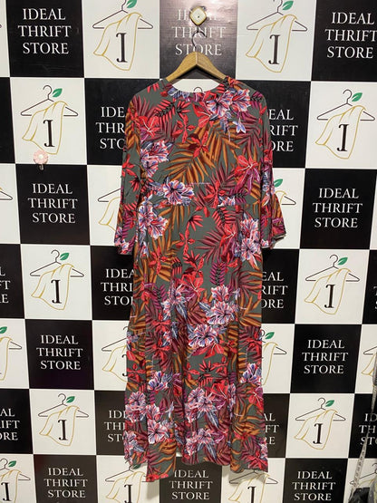 BODY FLIRT |L| BUST 22| B3| VIBRANT TROPICAL BOTANICAL PRINT TIERED MIDI DRESS RUFFLE SLEEVE