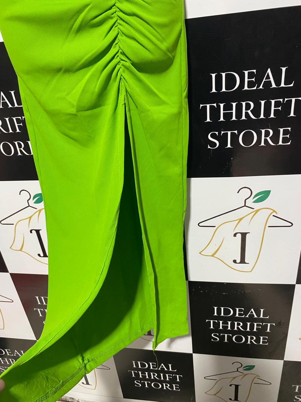 NEW COLLECTION |M| BUST 18| B3| VIBRANT LIME GREEN CHAIN-STRAP RUCHED MIDI DRESS