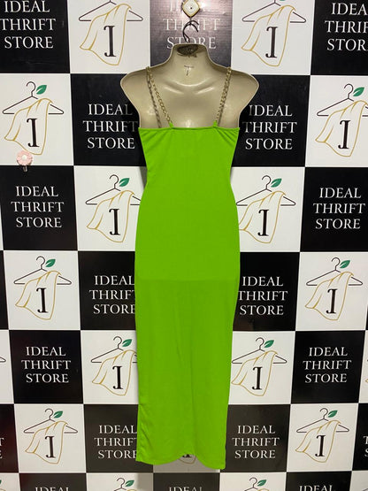 NEW COLLECTION |M| BUST 18| B3| VIBRANT LIME GREEN CHAIN-STRAP RUCHED MIDI DRESS