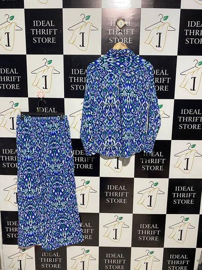 P & C0 |L| B3| Vintage-Inspired Blue & Teal Ikat Print Matching Two-Piece Set