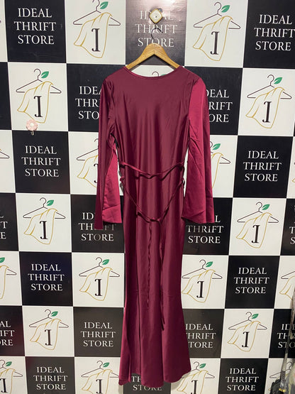 MAIA HEMERA |L| BUST 18| B3| ELEGANT MAROON SATIN MAXI DRESS WITH WAIST TIE