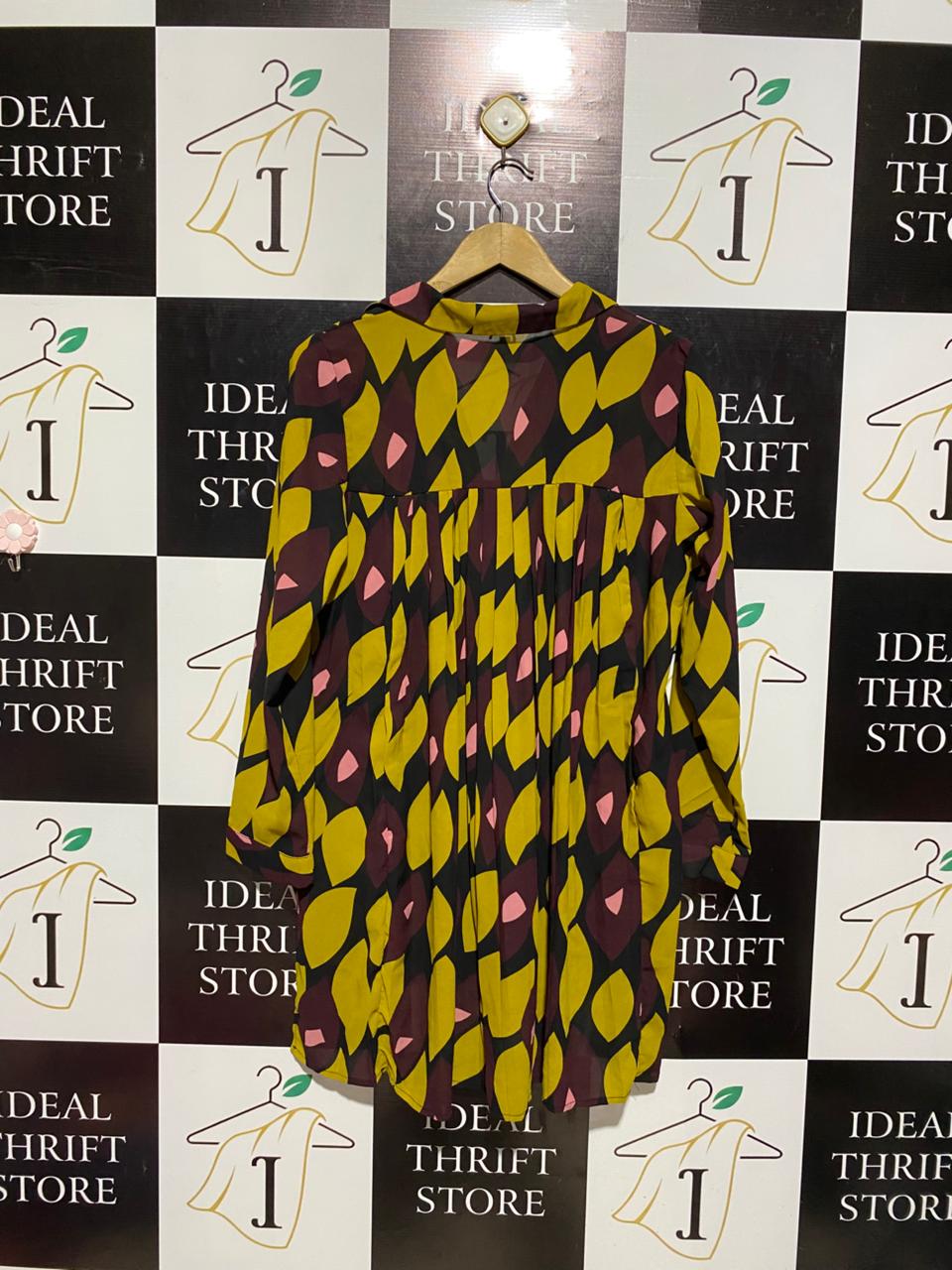 LOVE SUNSHINE |M| BUST 20| B3| VIBRANT ABSTRACT LEAF PRINT BUTTON-DOWN TUNIC BLOUSE