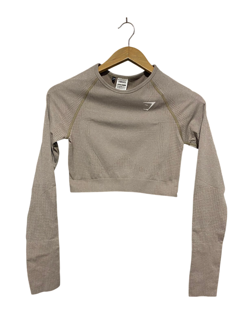 GYMSHARK |S| BUST 14| SEAMLESS LONG SLEEVE CROP TOP TAUPE/BEIGE