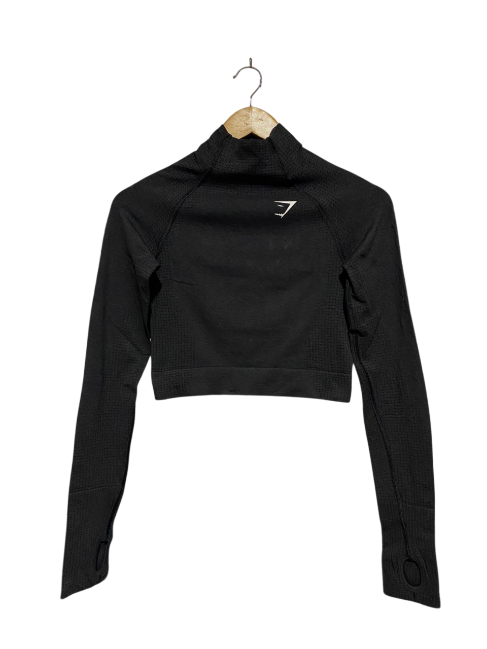 GYMSHARK |S| BUST 14| BLACK SEAMLESS LONG-SLEEVE CROPPED TOP