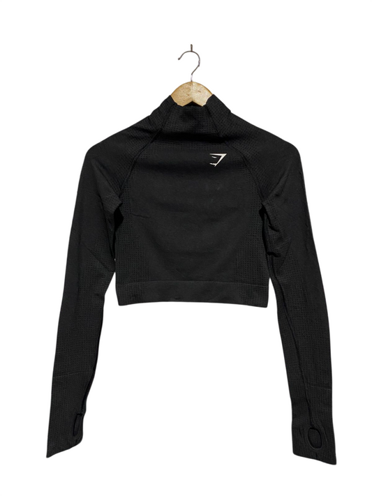GYMSHARK |S| BUST 14| BLACK SEAMLESS LONG-SLEEVE CROPPED TOP