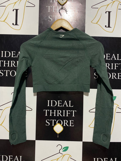 GYMSHARK |XS| BUST 13| Seamless Long Sleeve Crop Top Forest/Strength Green