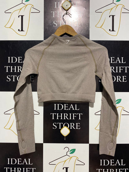 GYMSHARK |S| BUST 14| SEAMLESS LONG SLEEVE CROP TOP TAUPE/BEIGE