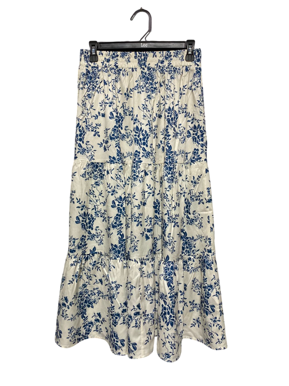 CIDER |M| WAIST 28| B3| WOMEN'S ELEGANT BLUE AND WHITE FLORAL PRINT TIERED MAXI SKIRT