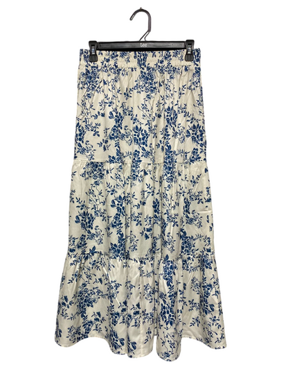 CIDER |M| WAIST 28| B3| WOMEN'S ELEGANT BLUE AND WHITE FLORAL PRINT TIERED MAXI SKIRT