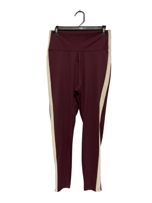 Women's High-Waisted Athletic Leggings - Maroon with Cream Side Stripe |L| WAIST 28| B3|