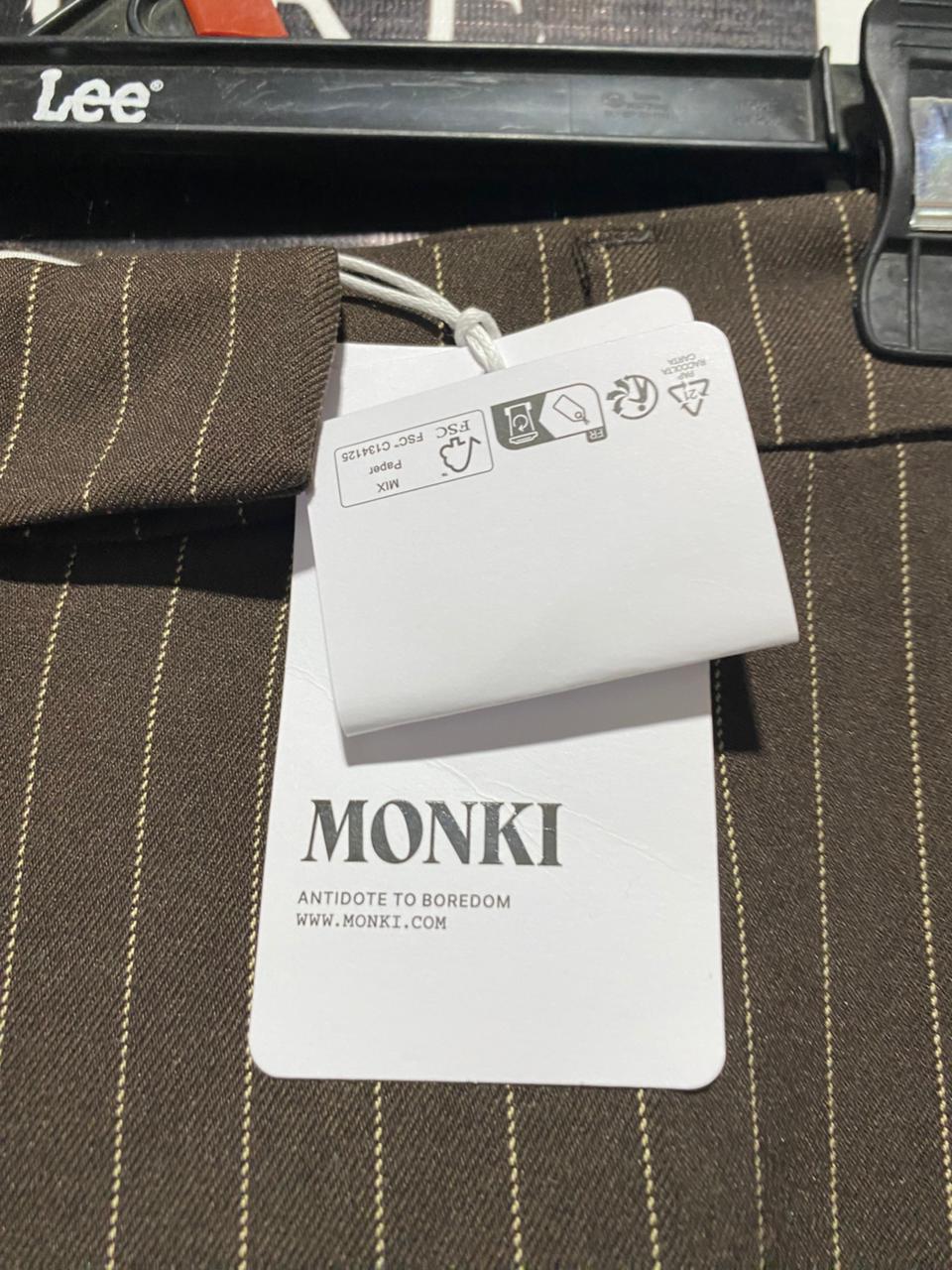 MONKI |L| WAIST 31| B3| PREMIUM DARK BROWN PINSTRIPE WIDE-LEG TROUSERS