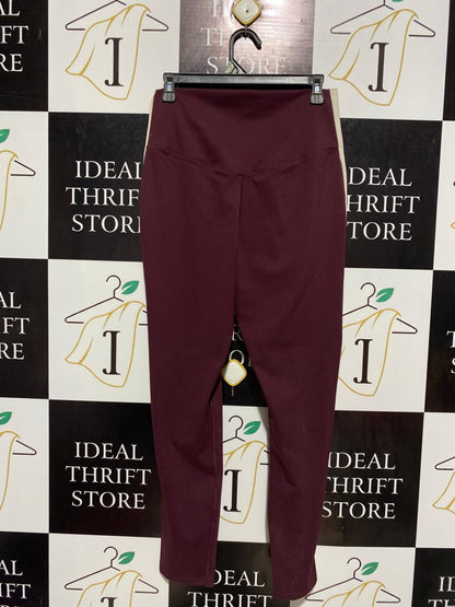 Women's High-Waisted Athletic Leggings - Maroon with Cream Side Stripe |L| WAIST 28| B3|