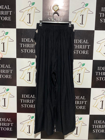 MY QUEEN |L/XL| WAIST 28| B3| WOMEN’S BLACK WIDE-LEG BOHO PANTS WITH EMBROIDERED DETAILING