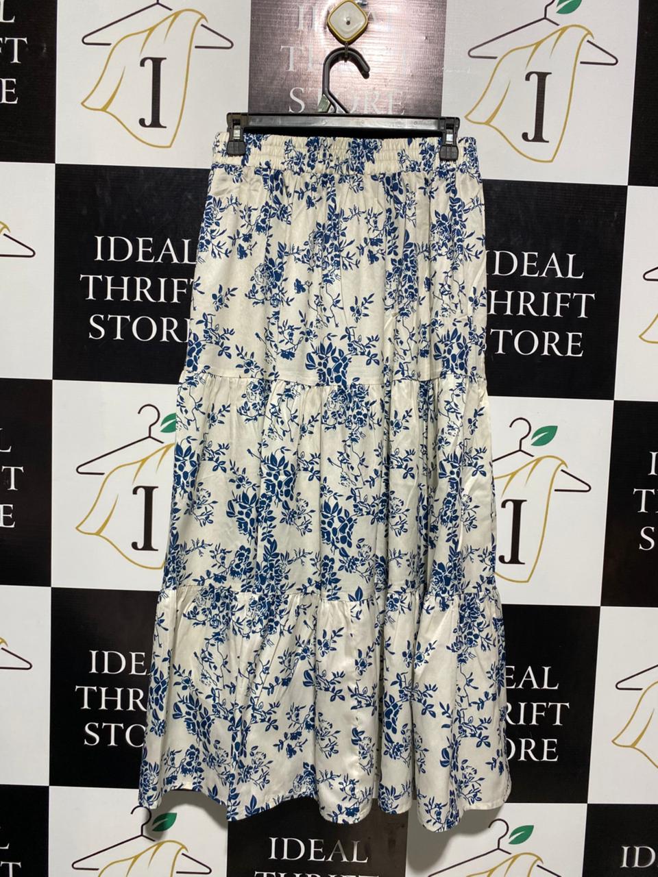 CIDER |M| WAIST 28| B3| WOMEN'S ELEGANT BLUE AND WHITE FLORAL PRINT TIERED MAXI SKIRT