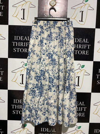CIDER |M| WAIST 28| B3| WOMEN'S ELEGANT BLUE AND WHITE FLORAL PRINT TIERED MAXI SKIRT