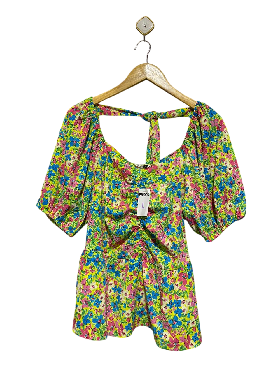 PEP & CO |L| BUST 19| B4| VIBRANT MULTICOLOR FLORAL PUFF SLEEVE PEPLUM TOP