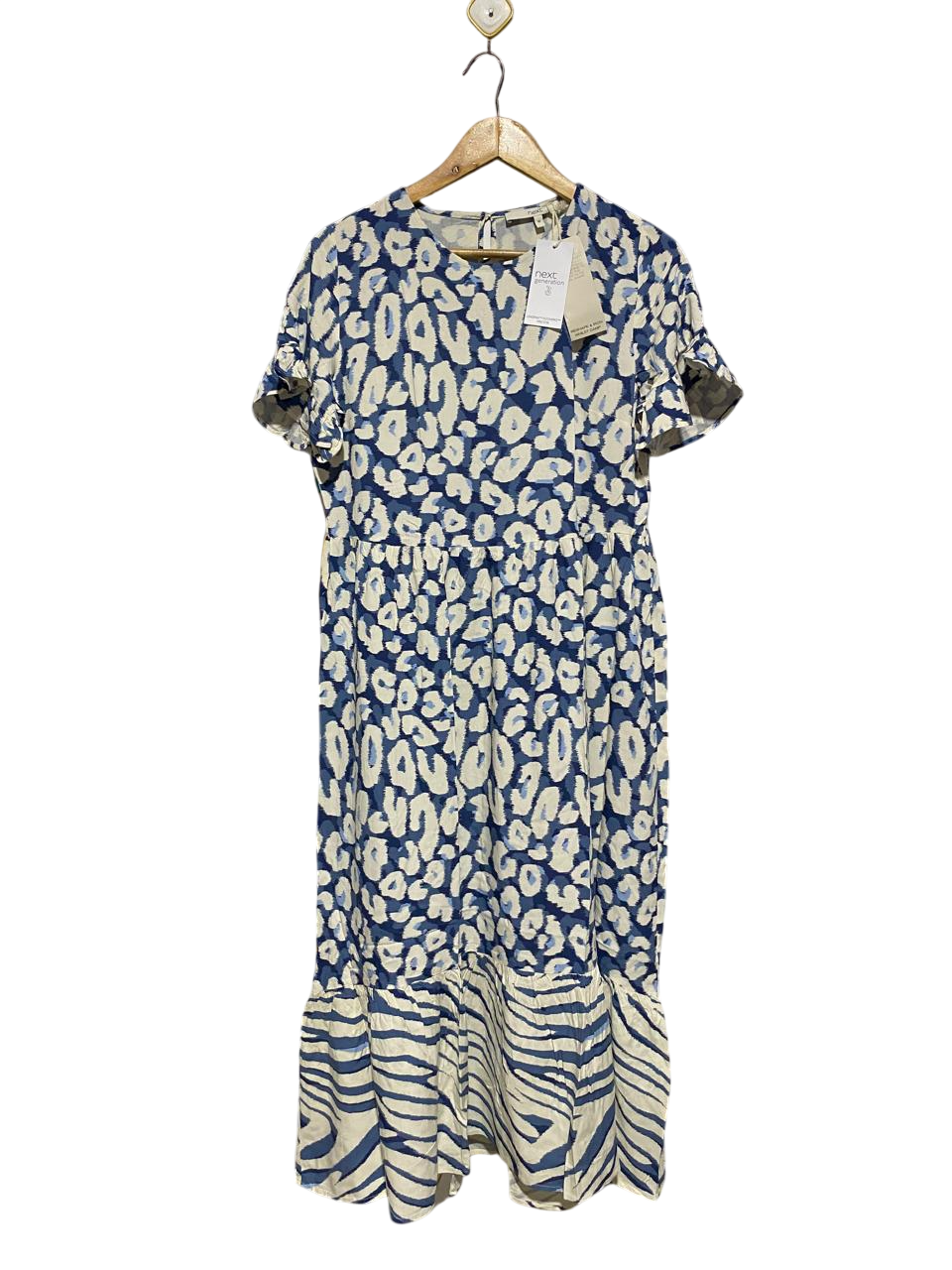 NEXT |M| BUST 19| B4| GENERATION BLUE ABSTRACT ANIMAL PRINT TIERED MIDI DRESS