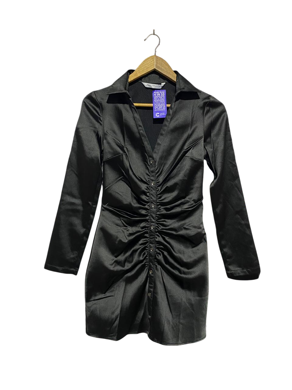 ZARA | XS| BUST 15| B4| BLACK SATIN RUCHED BUTTON-FRONT MINI SHIRT DRESS