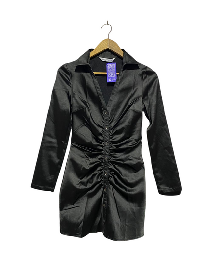 ZARA | XS| BUST 15| B4| BLACK SATIN RUCHED BUTTON-FRONT MINI SHIRT DRESS