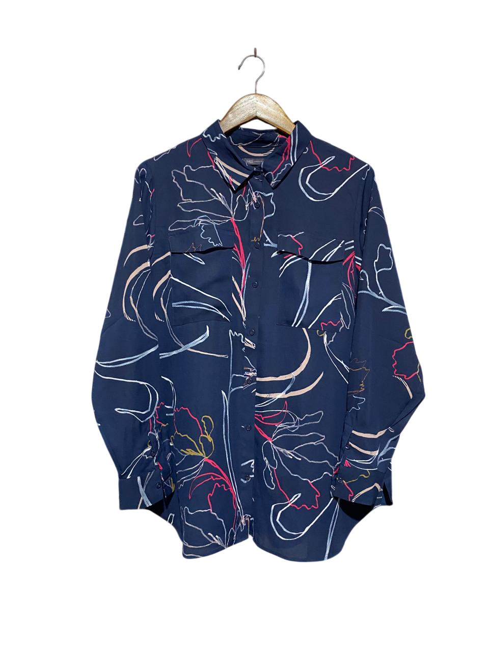 M&S |XL| BUST 25| B4| NAVY BLUE ABSTRACT FLORAL LONG-SLEEVE BUTTON-DOWN BLOUSE