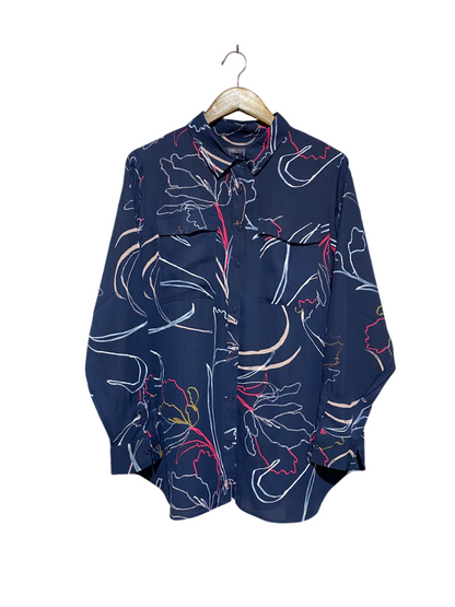 M&S |XL| BUST 25| B4| NAVY BLUE ABSTRACT FLORAL LONG-SLEEVE BUTTON-DOWN BLOUSE