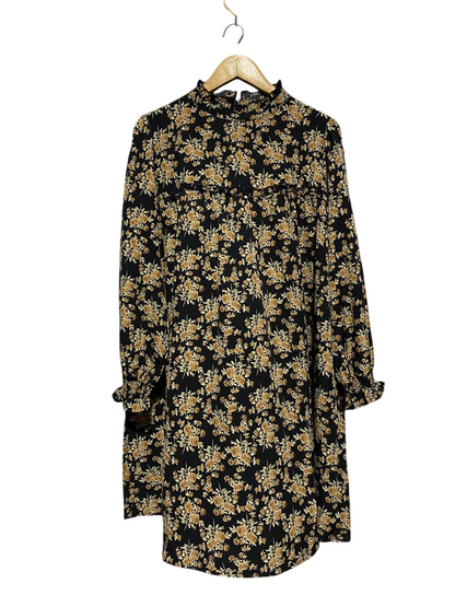 SHEIN |XL| BUST 25| B4| VINTAGE-INSPIRED BLACK AND GOLD FLORAL MINI DRESS WITH HIGH RUFFLE NECK