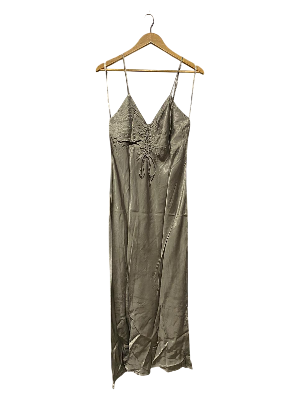 ZARA |M| BUST 16| B4| ELEGANT METALLIC SAGE GREEN RUCHE-FRONT SATIN SLIP MIDI DRESS