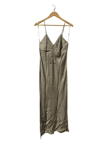 ZARA |M| BUST 16| B4| ELEGANT METALLIC SAGE GREEN RUCHE-FRONT SATIN SLIP MIDI DRESS
