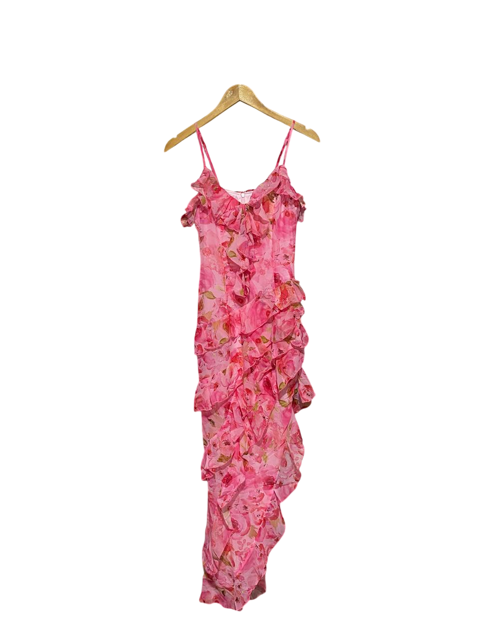 STUNNING PINK FLORAL RUFFLE MAXI DRESS WITH CASCADING LAYERS |M| BUST 15| B4|