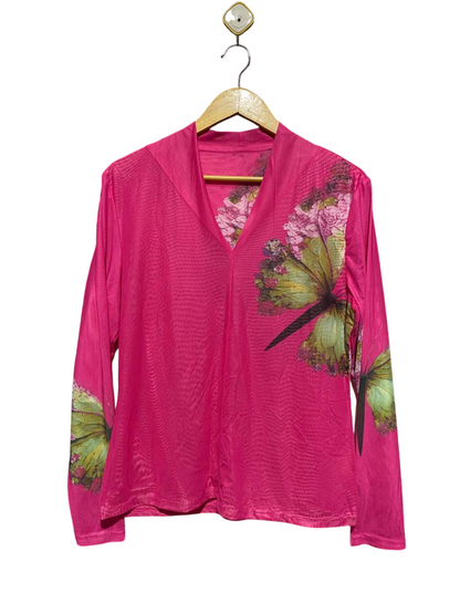 VIBRANT HOT PINK MESH LONG-SLEEVE TOP WITH BUTTERFLY GRAPHIC |L| BUST 20| B4|