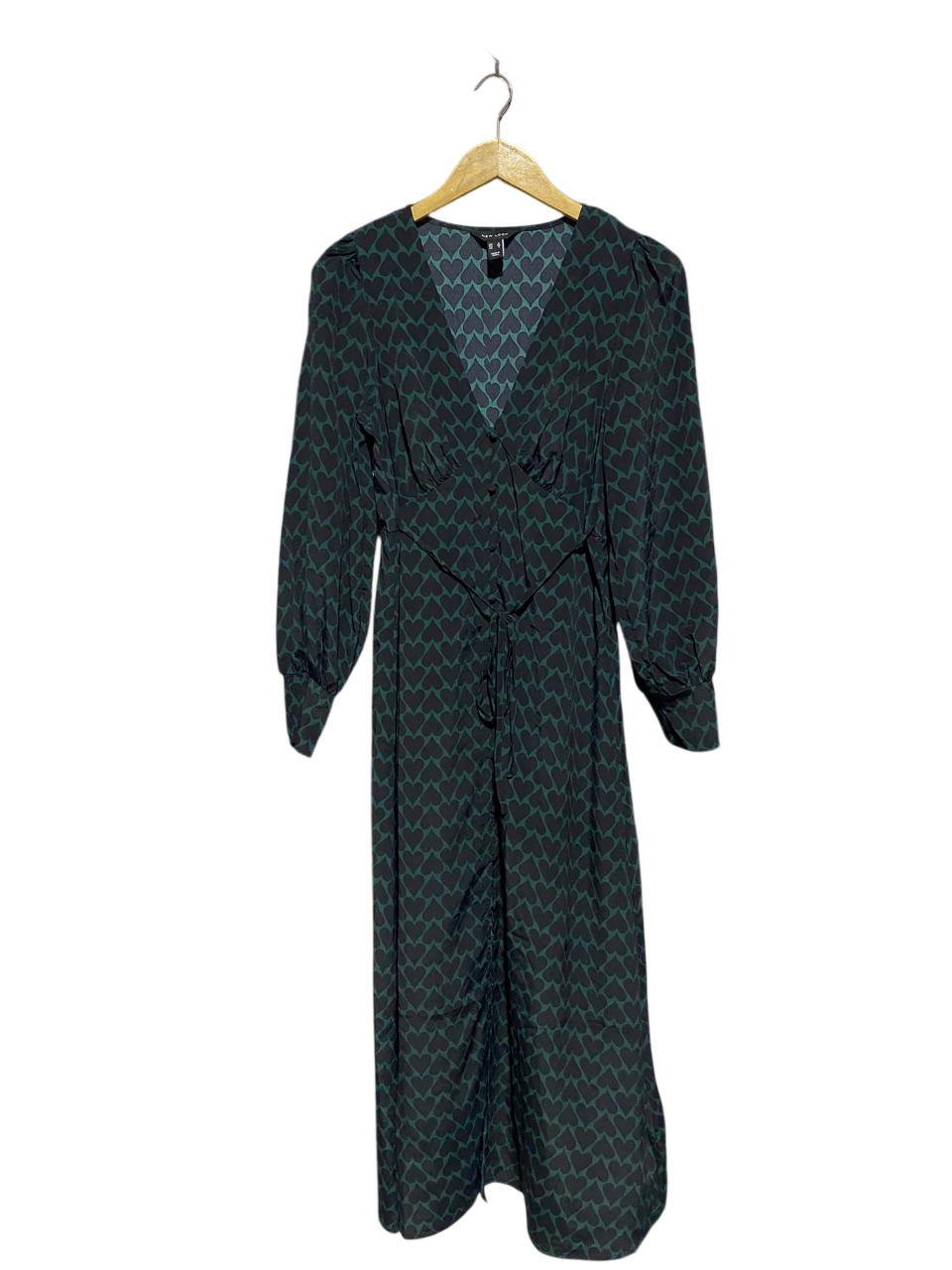NEW LOOK |M| BUST 16| B4| DARK GREEN HEART PRINT BUTTON-FRONT MIDI DRESS