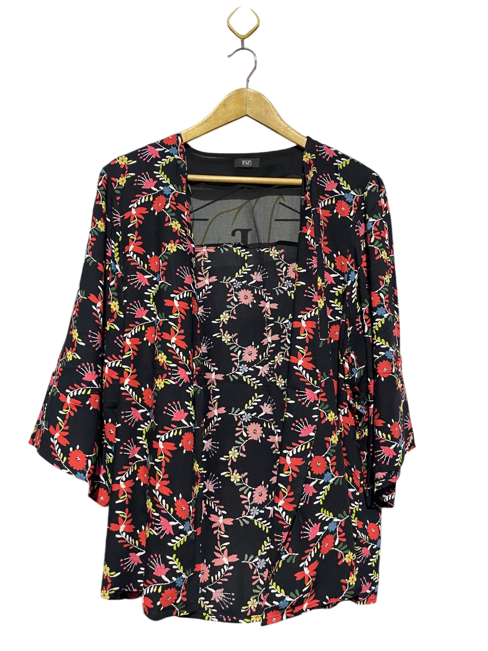 F&F |XL| BUST 24| B4| BLACK FLORAL OPEN-FRONT KIMONO WITH WIDE SLEEVES
