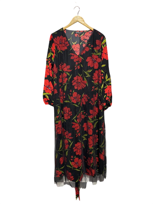 SHEIN CURVE |XL| BUST 22| B4| ELEGANT BLACK MIDI DRESS WITH VIBRANT RED FLORAL OVERLAY