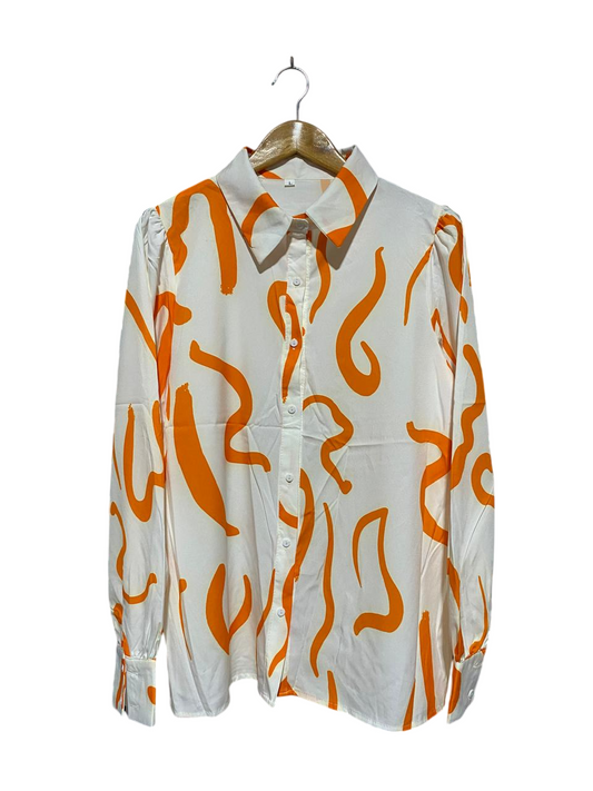 SHEIN |L| BUST 21| B4| MODERN ABSTRACT ORANGE PRINT LONG-SLEEVE BUTTON-UP BLOUSE