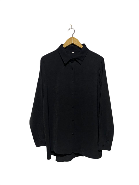 |XL| BUST 23| B4| ESSENTIAL BLACK LONG-SLEEVE BUTTON-DOWN BLOUSE WITH TEXTURED FINISH