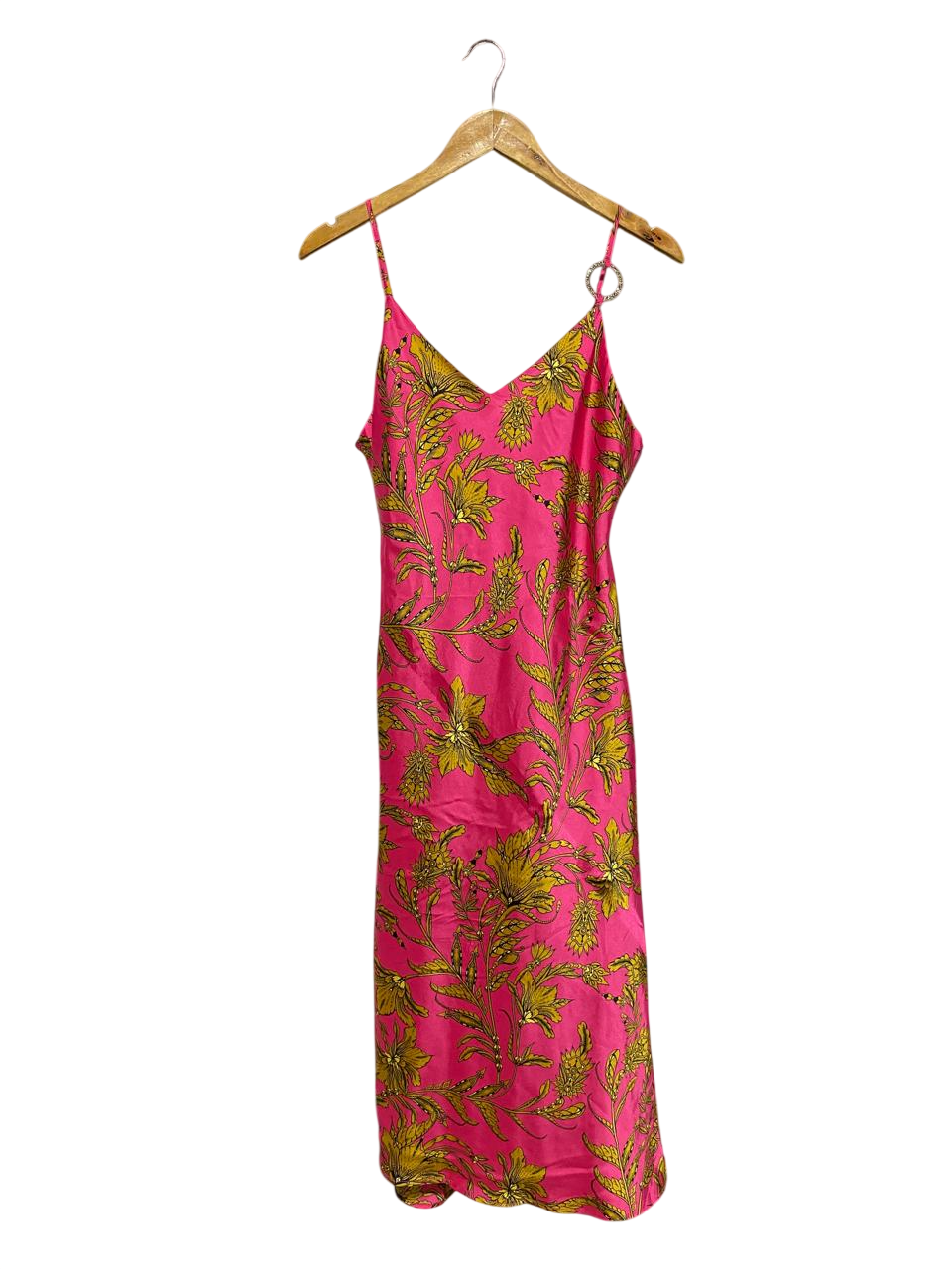 RIVER ISLAND |M| BUST 17| B4| VIBRANT PINK FLORAL SATIN SLIP MIDI DRESS WITH RING DETAIL