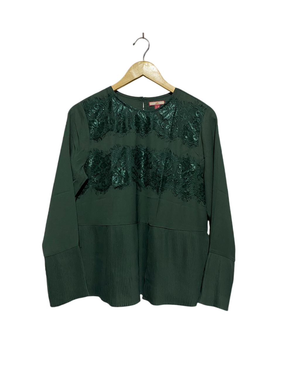 JOE BREUNS |L| BUST 19| B4| ELEGANT FOREST GREEN PEPLUM BLOUSE WITH LACE OVERLAY AND PLEATED HEM