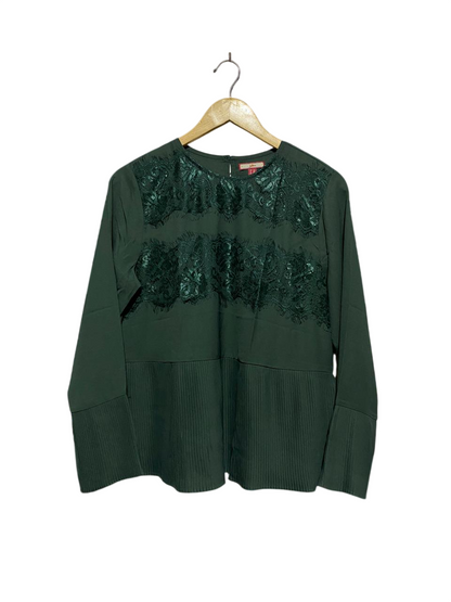 JOE BREUNS |L| BUST 19| B4| ELEGANT FOREST GREEN PEPLUM BLOUSE WITH LACE OVERLAY AND PLEATED HEM