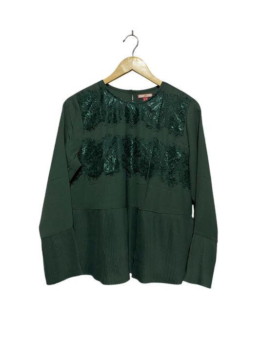 JOE BREUNS |L| BUST 19| B4| ELEGANT FOREST GREEN PEPLUM BLOUSE WITH LACE OVERLAY AND PLEATED HEM
