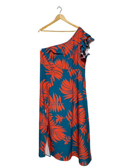 ONE-SHOULDER TROPICAL PALM PRINT MIDI DRESS WITH RUFFLE |XL| BUST 21| B4|