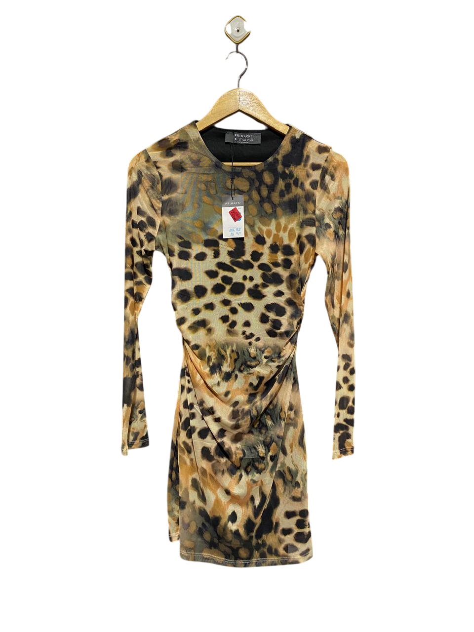 PRIMARK |S| BUST 15| B4| LEOPARD PRINT MESH LONG SLEEVE RUCHED MINI DRESS