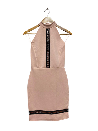 QUIZ |S| BUST 14| B4| CHIC BLUSH PINK HALTER NECK MINI DRESS WITH BLACK LACE-UP LATTICE DETAIL