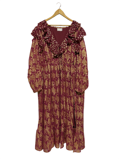 ASOS |XL| BUST 27| B4| DESIGN CURVE BURGUNDY AND GOLD METALLIC RUFFLE MAXI DRESS
