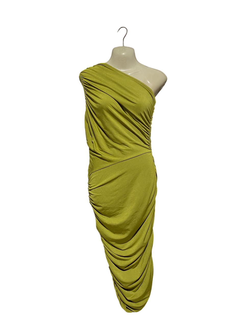 PRETTYLITTLE THING |M| BUST 14|B4| LIME GREEN ONE-SHOULDER RUCHED BODYCON MIDI DRESS