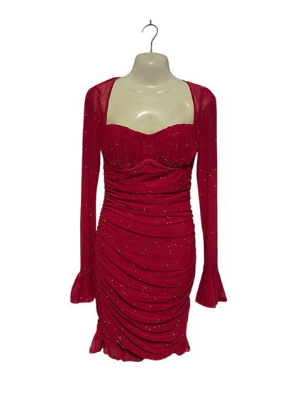 MARTHEA |S| BUST 18| B4| RED GLITTER MESH RUCHED BODYCON MINI DRESS WITH FLARE SLEEVES