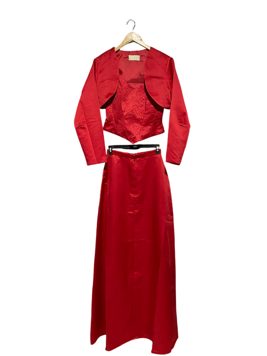 SCUIES GOUIRS |L| B4| VINTAGE RED THREE-PIECE FORMAL SET EMBROIDERED CORSET BOLERO AND MAXI SKIRT